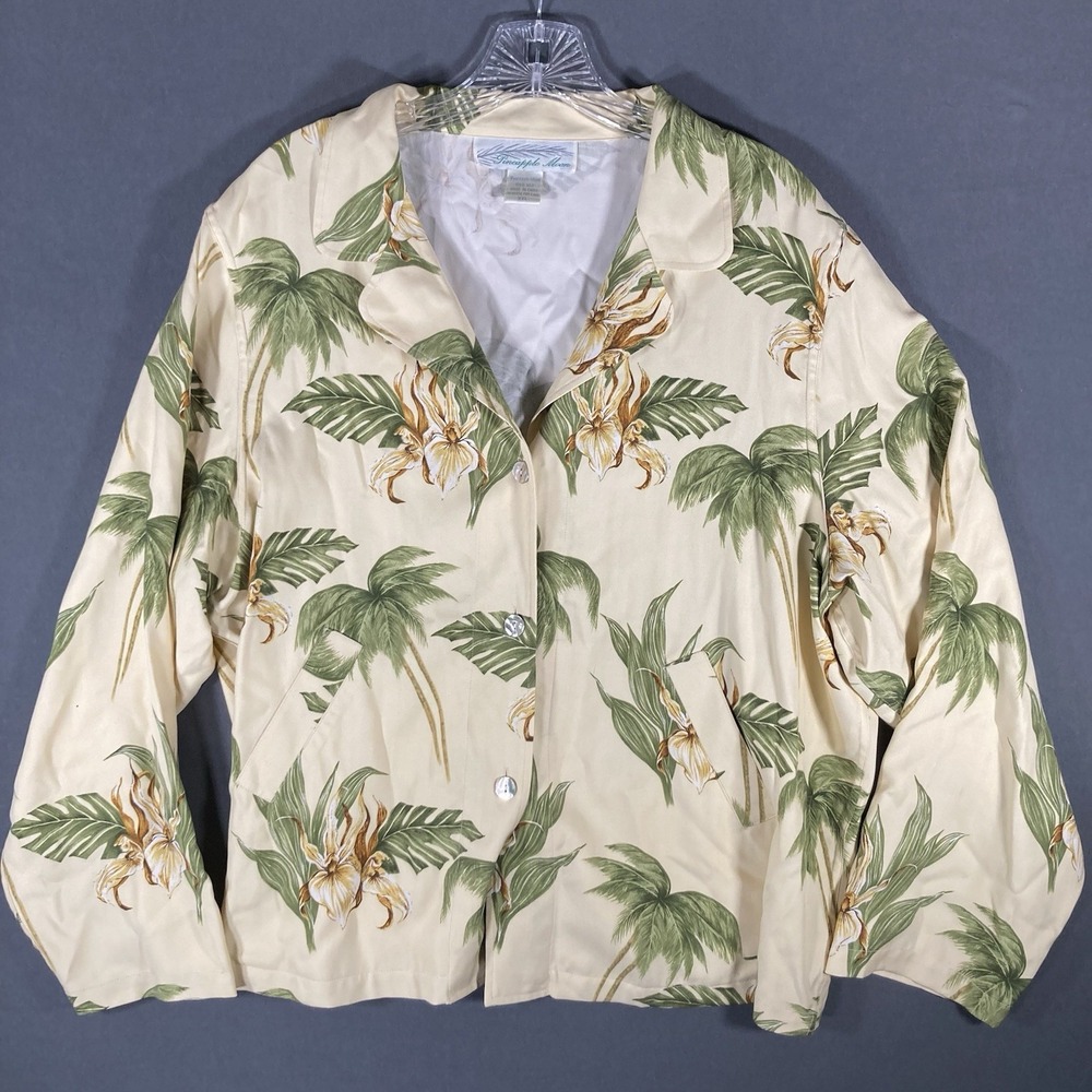 Mens Pineapple Moon 100% Silk Shirt Floral‎ Buttons Size 2XL Long Sleeve